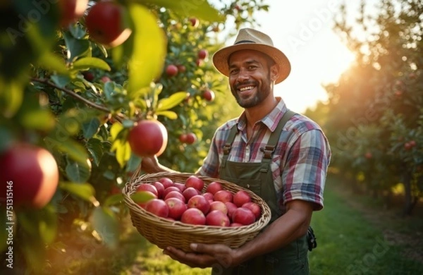 Fototapeta Happy farmer carries basket full of ripe red apples. Man smiles brightly working in sunlit orchard among fruit trees. He proudly displays fresh picked produce.