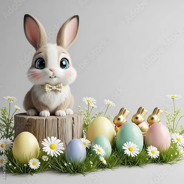Fototapeta Easter Bunny with Eggs and Daisies, Spring Holiday Celebration.