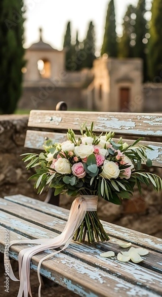 Fototapeta Elegant Wedding Bouquet on Rustic Bench in Serene Setting.