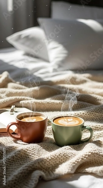 Obraz Cozy Morning - Two Cups of Coffee on a Knitted Blanket.