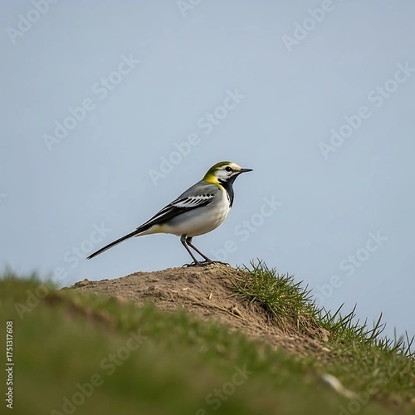 Fototapeta Elegant White Wagtail Perched on Grassy Mound Against a Clear Sky.