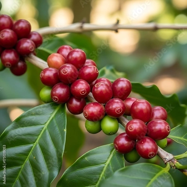 Fototapeta Coffee Cherries Ripening on the Branch - A Close-Up View of the Harvest.