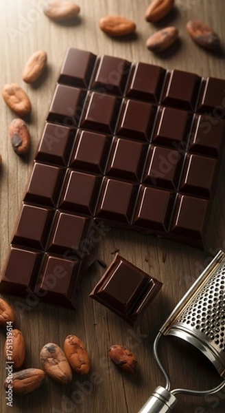 Obraz Dark Chocolate Bar with Cocoa Beans on Wooden Surface.