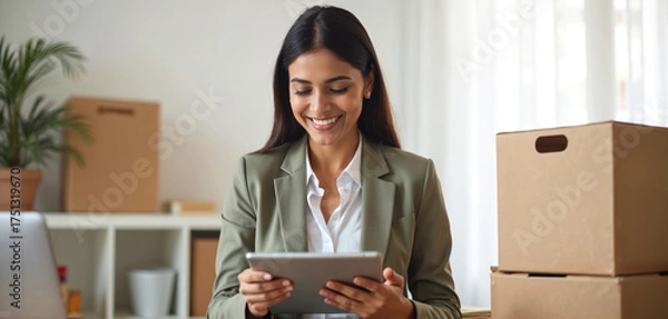 Fototapeta Smiling woman works with tablet in office. She manages inventory in cardboard boxes for her online shop. Entrepreneur uses tech for logistics, orders and e-business operations.