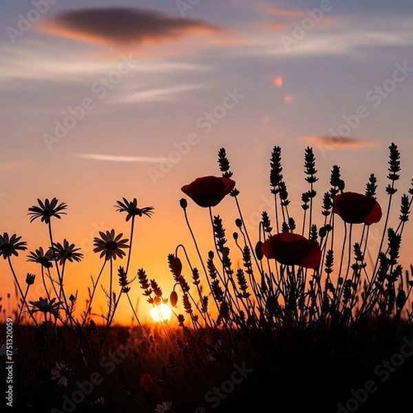 Obraz Silhouette of flowers at sunset with a beautiful orange sky.