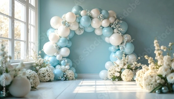 Fototapeta Elegant balloon arch in light blue, white decorates indoor event space. White flowers complement festive balloons. Bright sunlight streams through large window, illuminating party backdrop. Pretty