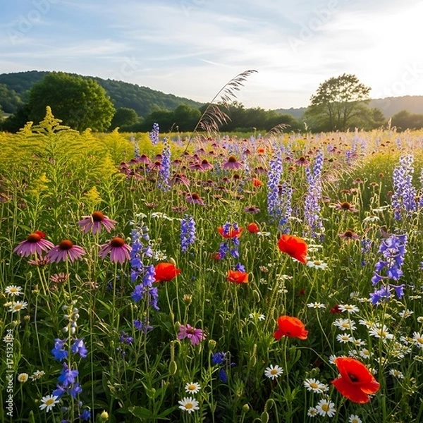 Obraz Vibrant wildflower meadow in summer with mountain backdrop.