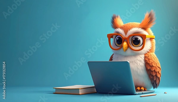 Fototapeta Cute owl wearing orange glasses uses laptop computer on blue background. Orange and white owl bird works on modern tech device. Book and pencil near digital notebook.