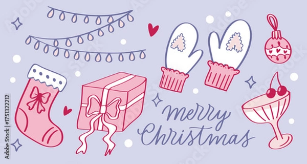 Fototapeta Hand drawn vintage set in coquette core style. Xmas cute graphic elements with ribbons and bows, calligraphic slogan. Retro garland, gift box, christmas sock, mittens, toy, wineglass. Vector artwork