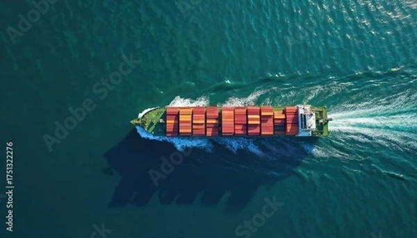 Fototapeta Large cargo container ship sails on blue ocean water creating white foam wake. The vessel transports many colorful boxes across the sea for global trade and commerce.