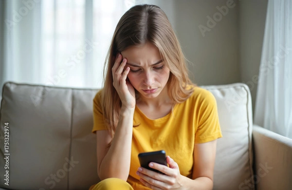 Fototapeta Young woman sits on sofa, looks stressed while reading phone. She touches her head, appears worried. Woman holds smartphone, seems upset by text or message.
