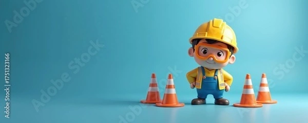 Fototapeta 3D render of cartoon construction worker with helmet, safety vest stands near orange traffic cones. Digital art shows roadwork site, occupation concept, job with protective equipment on blue
