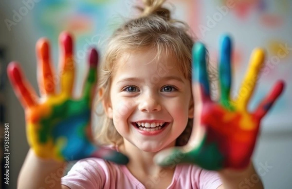 Fototapeta Happy small girl smiles at camera, showing hands. Hands full of vibrant rainbow paint colors. Kid enjoys colorful creative art activity. Child explores new ideas, plays with paints in room. Little