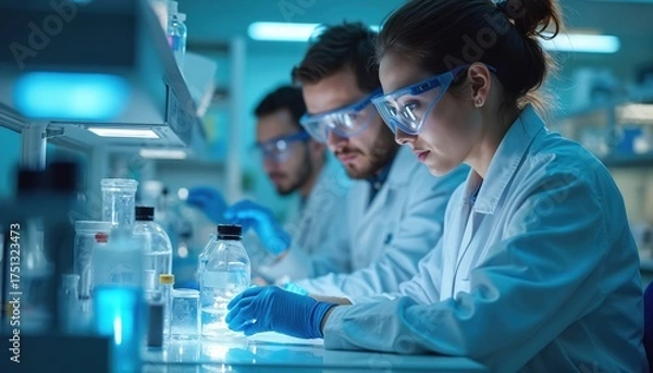 Fototapeta Scientists in lab coats and safety glasses conduct experiment with liquid in beakers. Diverse group collaborates on medical research in a modern high-tech lab setting.