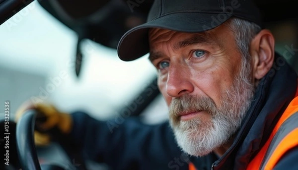 Fototapeta Mature man with grey beard, blue eyes, wears black cap, orange safety vest. He holds steering wheel, looking focused, determined. He works as mechanic or driver, concentrating intently on task.