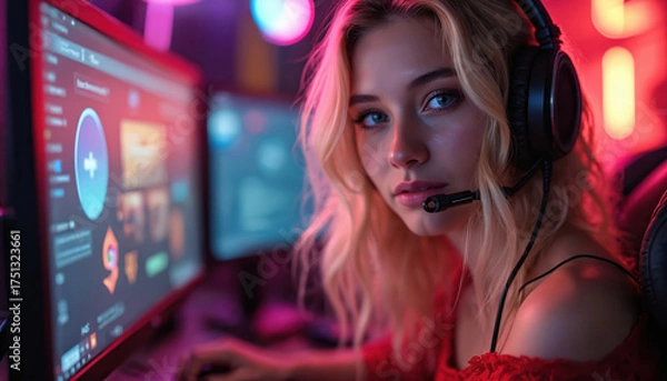 Fototapeta Blonde woman gamer wears headset with mic, looking at camera. Sits at computer desk with vibrant neon lights in gaming room. Female streams plays video games online, enjoying modern tech cyber
