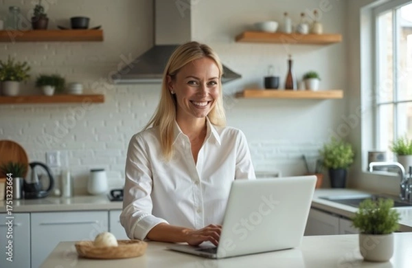 Fototapeta Blond woman in white shirt works on laptop in modern kitchen. She smiles warmly while typing. Home office setup with computer on counter. Lifestyle scene.
