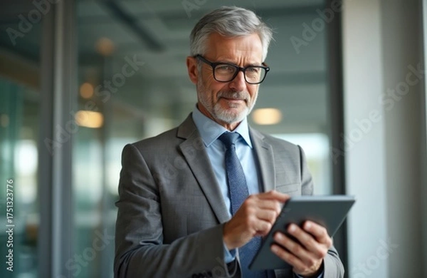 Fototapeta Mature businessman in suit using tablet in office. Elderly man with glasses holds device working. Senior corporate manager looks at screen. Business professional using tech at work