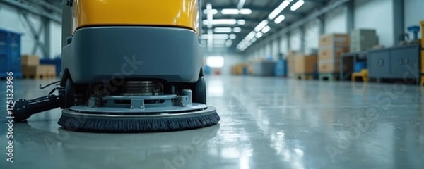 Fototapeta Industrial floor scrubber operates in a large modern warehouse. Machine cleans shiny concrete floor. Boxes and storage shelves visible in background. Automation enhances workplace hygiene.