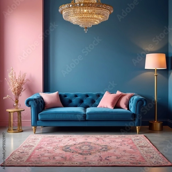 Fototapeta Elegant living room displays blue tufted sofa with pink pillows. Blue and pink walls complement a large ornate chandelier. A floor lamp and oriental rug complete this stylish interior.
