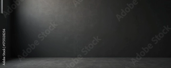 Fototapeta Dark empty studio room rough concrete floor, textured wall. Natural light gently enters from small window on left side. Minimalist industrial space provides perfect versatile backdrop for product