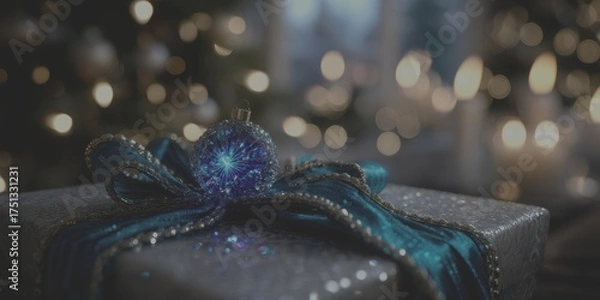 Fototapeta Beautifully wrapped holiday gift with a blue bow and ornament in a cozy, softly lit room during winter festivities - Low Contrast