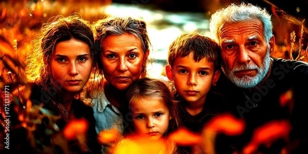 Fototapeta Family gathering in a serene natural setting during golden hour with warm light and vibrant foliage - High Contrast