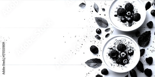 Fototapeta Fresh yogurt with berries and granola served on a wooden table during breakfast time