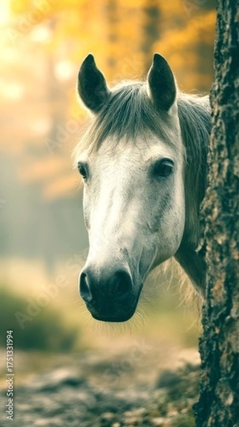 Fototapeta horse peeking from behind tree in autumn forest