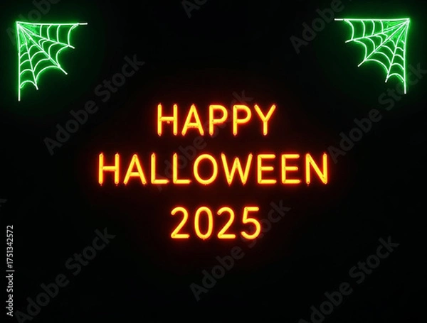 Fototapeta Neon Spider Web Halloween Background with Happy Halloween 2025