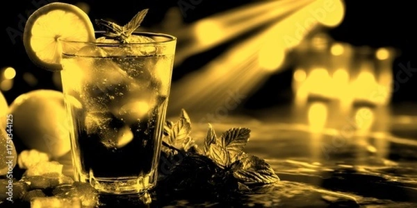 Fototapeta Refreshing iced drink with lemon and mint on a marble surface in a cozy evening setting