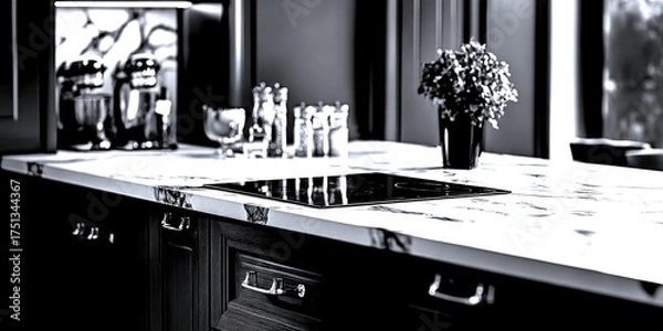 Fototapeta Modern kitchen with marble countertops and stylish appliances in a contemporary home interior