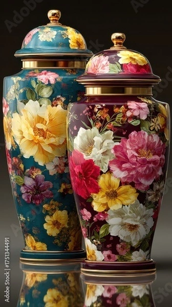 Fototapeta Colorful floral urns in elegant design displayed against a dark backdrop showcasing craftsmanship at an art exhibit