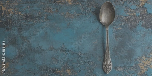 Fototapeta Vintage silver spoon resting on a textured blue surface showcasing intricate detailing and an aged appearance - Low Contrast