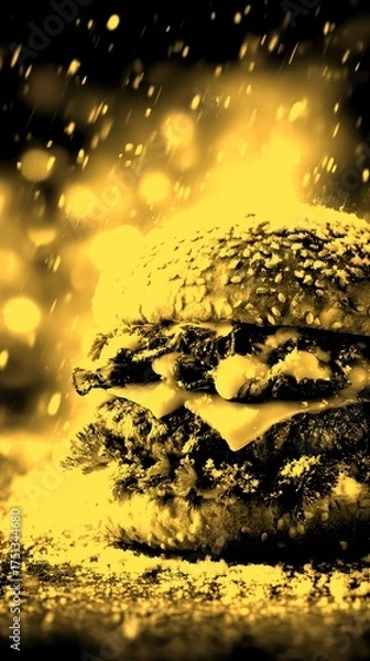 Fototapeta Mouthwatering hamburger topped with bacon and cheese, surrounded by falling snowflakes in a festive atmosphere