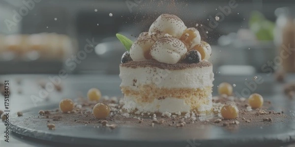 Fototapeta Beautifully crafted dessert with layers of cream and garnishes in a chic dessert shop's kitchen setting - Low Contrast