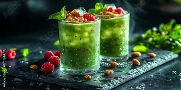 Fototapeta Refreshing cocktails garnished with fresh fruits and herbs served on a slate platter