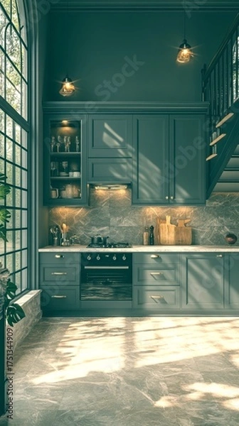 Fototapeta Modern kitchen interior with elegant design and natural on a sunny day