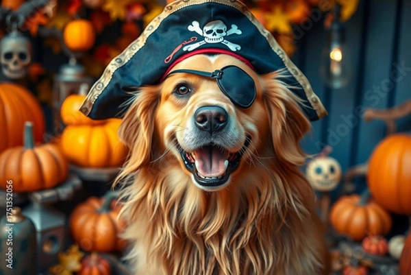 Fototapeta A cheerful golden retriever wears a pirate hat and eye patch in a festive setting filled with pumpkins and spooky decorations, capturing the spirit of autumn