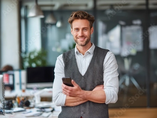 Fototapeta Happy busy professional business man standing in office holding mobile cellphone. Young smiling businessman using smartphone looking at camera using cell phone tech apps at work. Portrait.