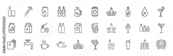 Fototapeta Drinks and beverages line icon set. Vector pictograms of bottles, glasses, juice, milk, coffee, tea, cocktails, wine, beer, honey, water, liquor, thin linear illustration.