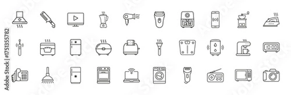 Fototapeta Consumer electronics and home appliances line icon set. Vector pictograms of blenders, toasters, refrigerators, washing machines, and smart devices, thin linear illustration.