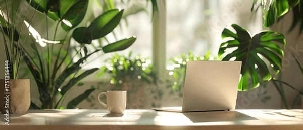 Fototapeta Modern workspace with potted plant, laptop and coffee on wooden desk by sunlit window