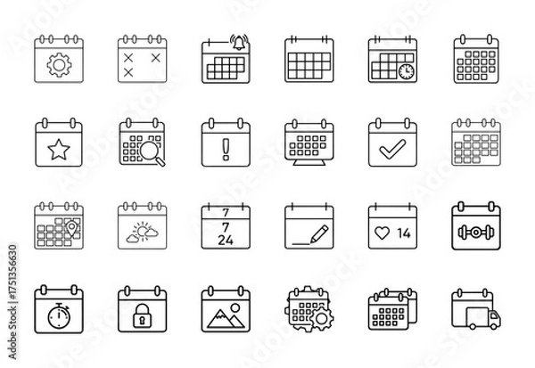 Fototapeta Calendar line icon set. Vector pictograms of dates, settings, reminders, appointments, events, search, notes, and locations, thin linear illustration.