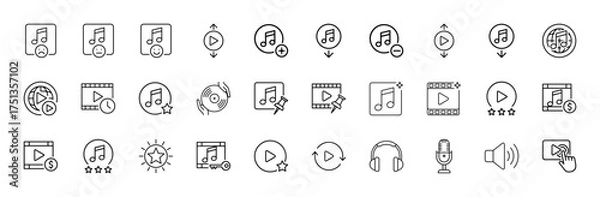 Fototapeta Music and video line icon set. Vector pictograms of musical notes, play buttons, headphones, microphone, speaker, records, media players, and ratings, thin linear illustration.