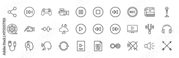 Fototapeta Multimedia entertainment line icon set. Vector pictograms of share, gamepad, video camera, microphone, headphones, film reel, sound wave, play controls, thin linear illustration.