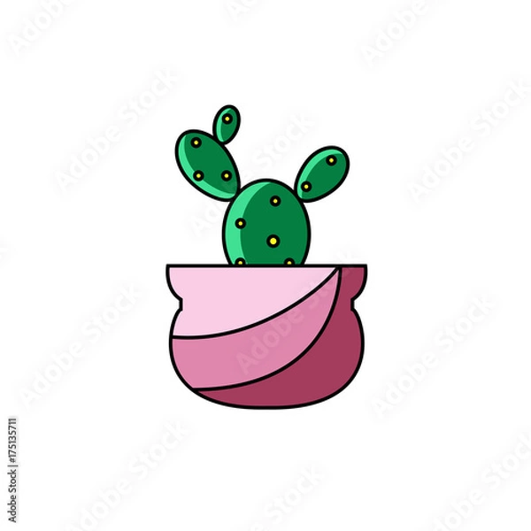 Obraz Cactus flat line vector icon on isolated background. Stylized illustration of succulent plant in pot.