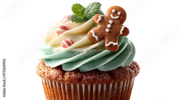 Fototapeta Festive vanilla mini cupcake with peppermint swirl frosting and gingerbread man topper, isolated on white background