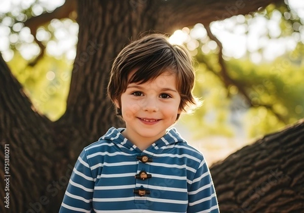 Fototapeta Smiling Child in Striped Hoodie Standing by Tree — Warm Outdoor Portrait with Natural Light and Forest Background