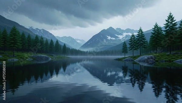 Obraz Serene mountain lake landscape with reflections under cloudy sky.